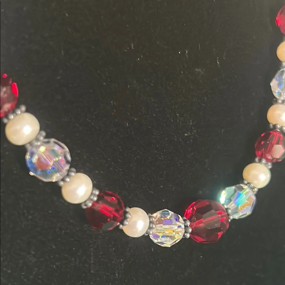 Hand Crafted Classic White Freshwater Pearl and Red Faceted Beaded Necklace Set